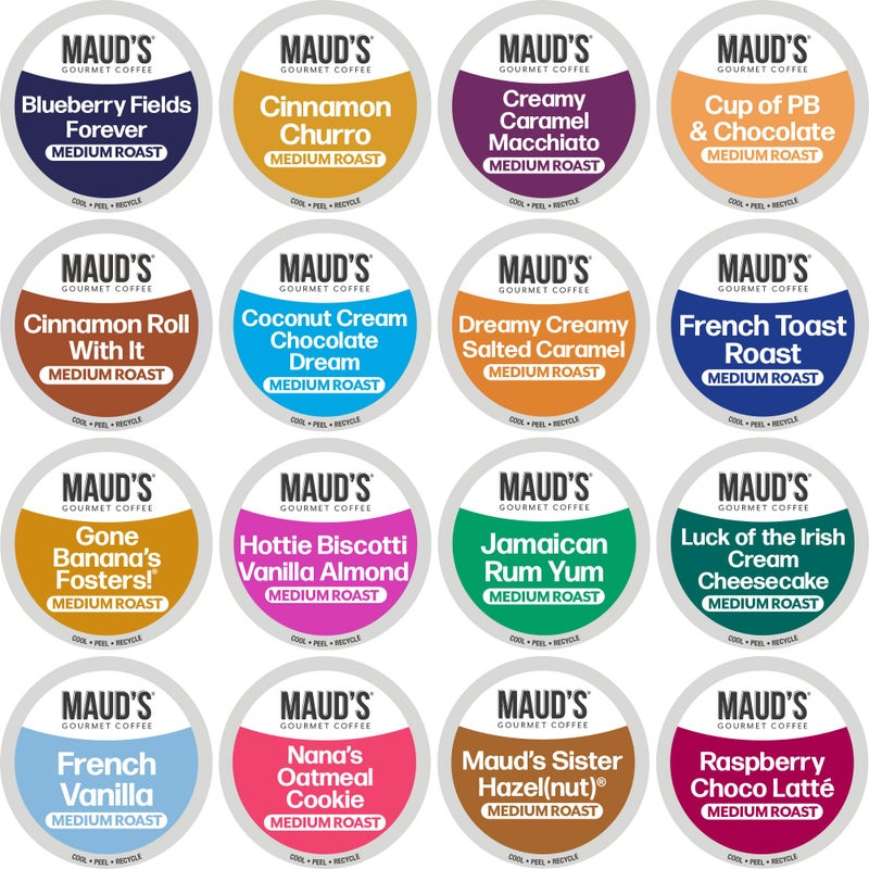 Maud's Super Flavored Coffee Pods Variety Pack, 80 ct, 16 Assorted Flavors, Medium Roast Flavored Coffee in Recyclable Single Serve Pods - 100% Arabica Beans, Compatible with Keurig K Cups Maker - Image 1